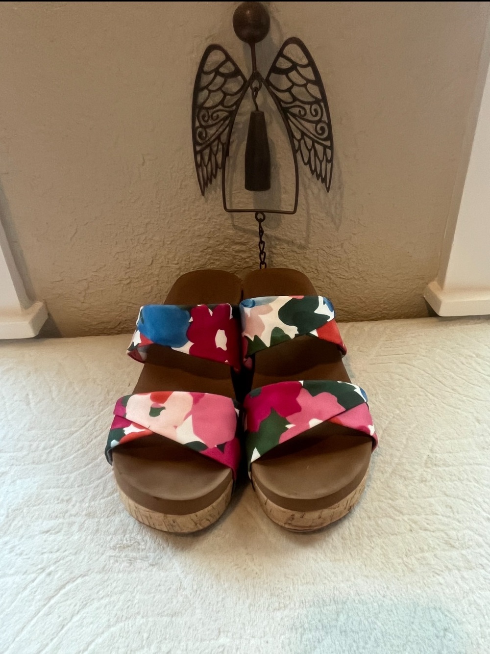 Corkys Pink Multi Floral Cork Wedge Slide Sandals